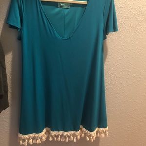 Teal adorable dress with fringe, worn once